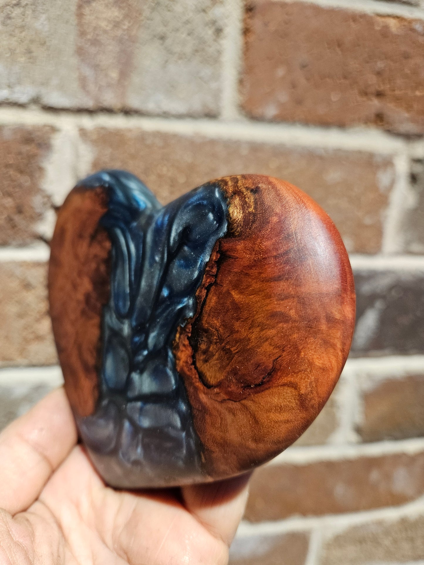 Iron bark Burl Wood/Blue Resin Heart