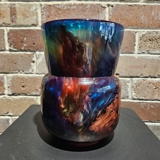Iron Bark Burl Wood Vase with Multicoloured Resin