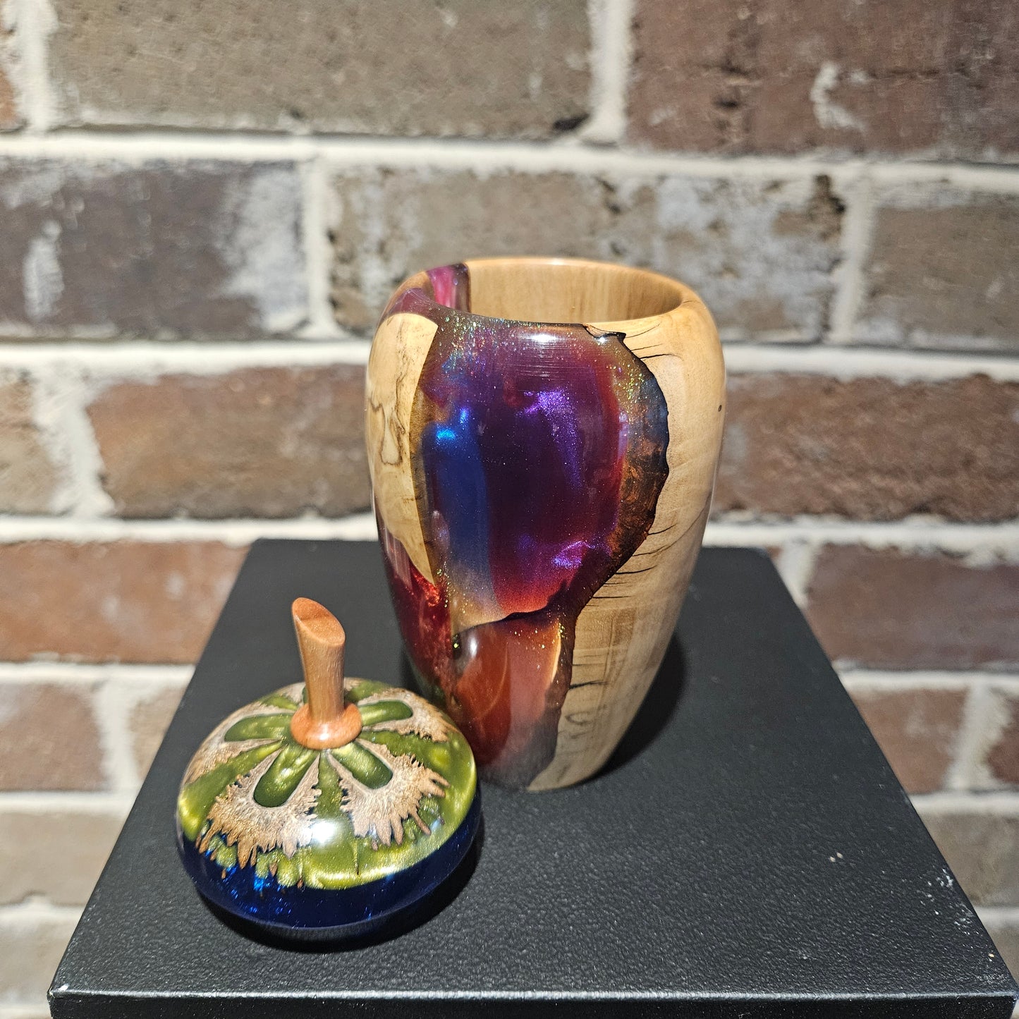 Lidded Vase with Olive Wood & Multicoloured Resin