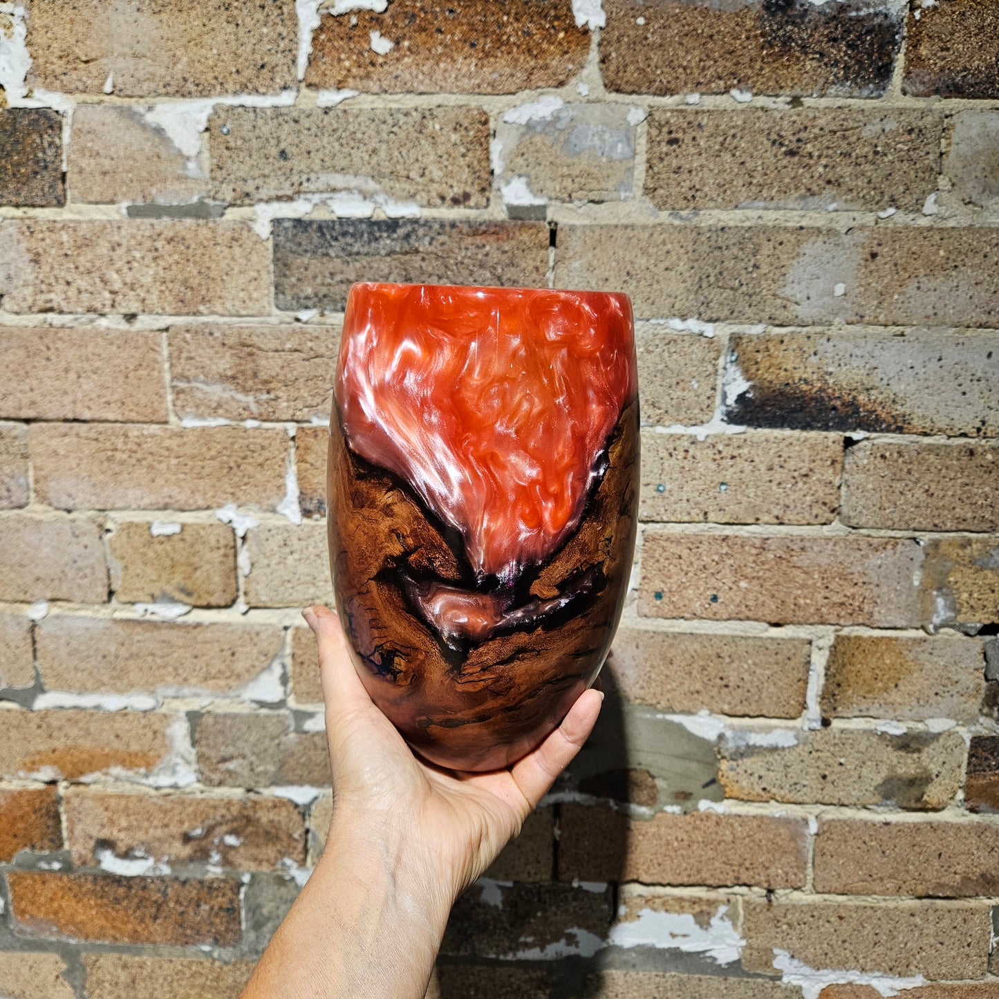 Pearlescent Pink Resin & Ironbark Vase