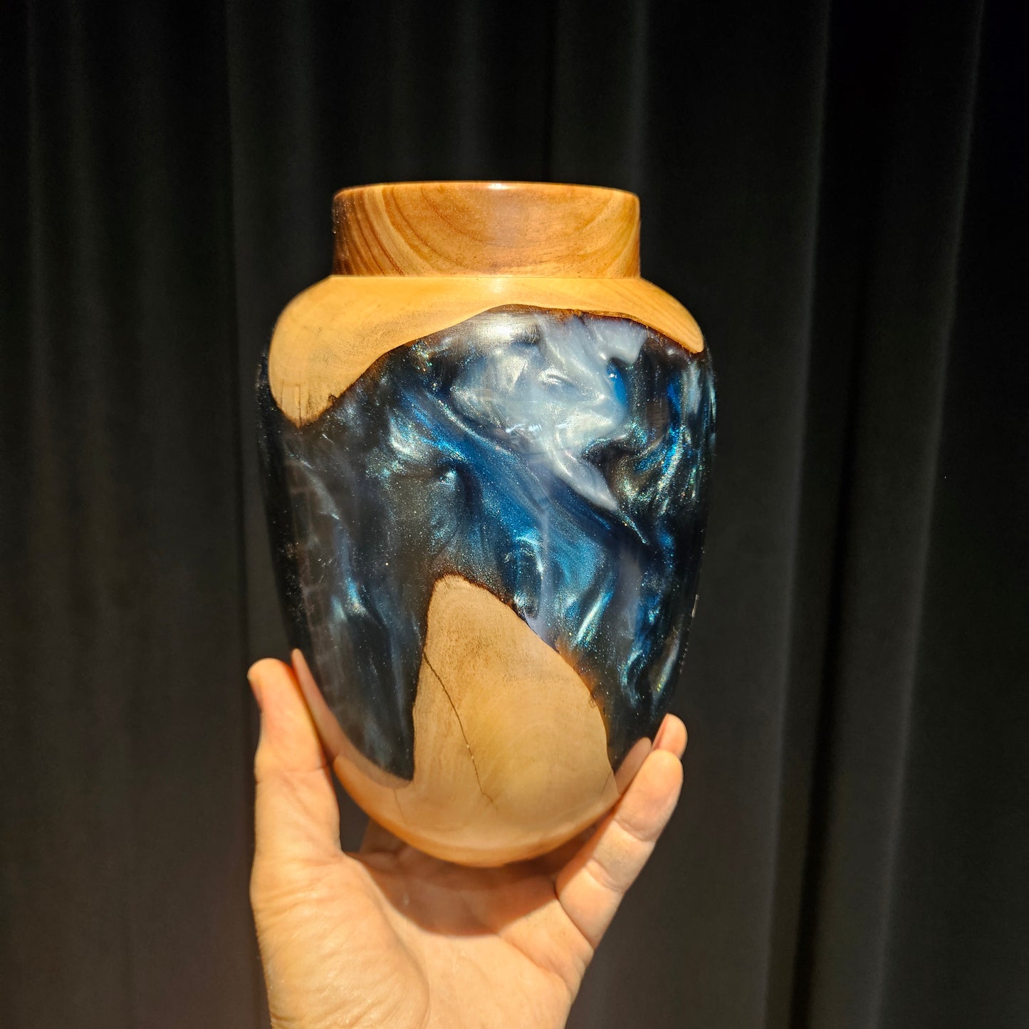 Olive Wood Vase with Blue/White Resin