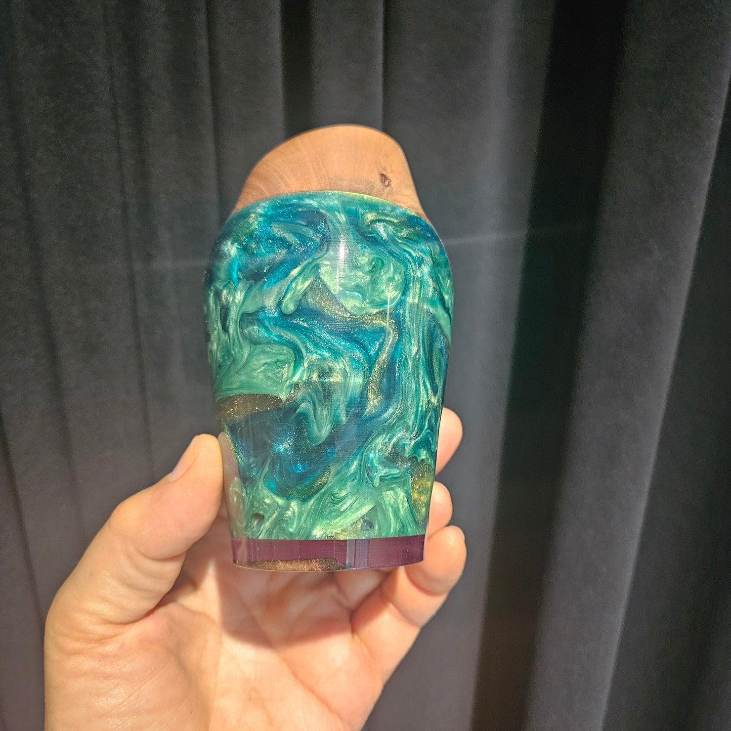 Decorative Vase with carved rim and multicoloured coloured metallic swirl resin.