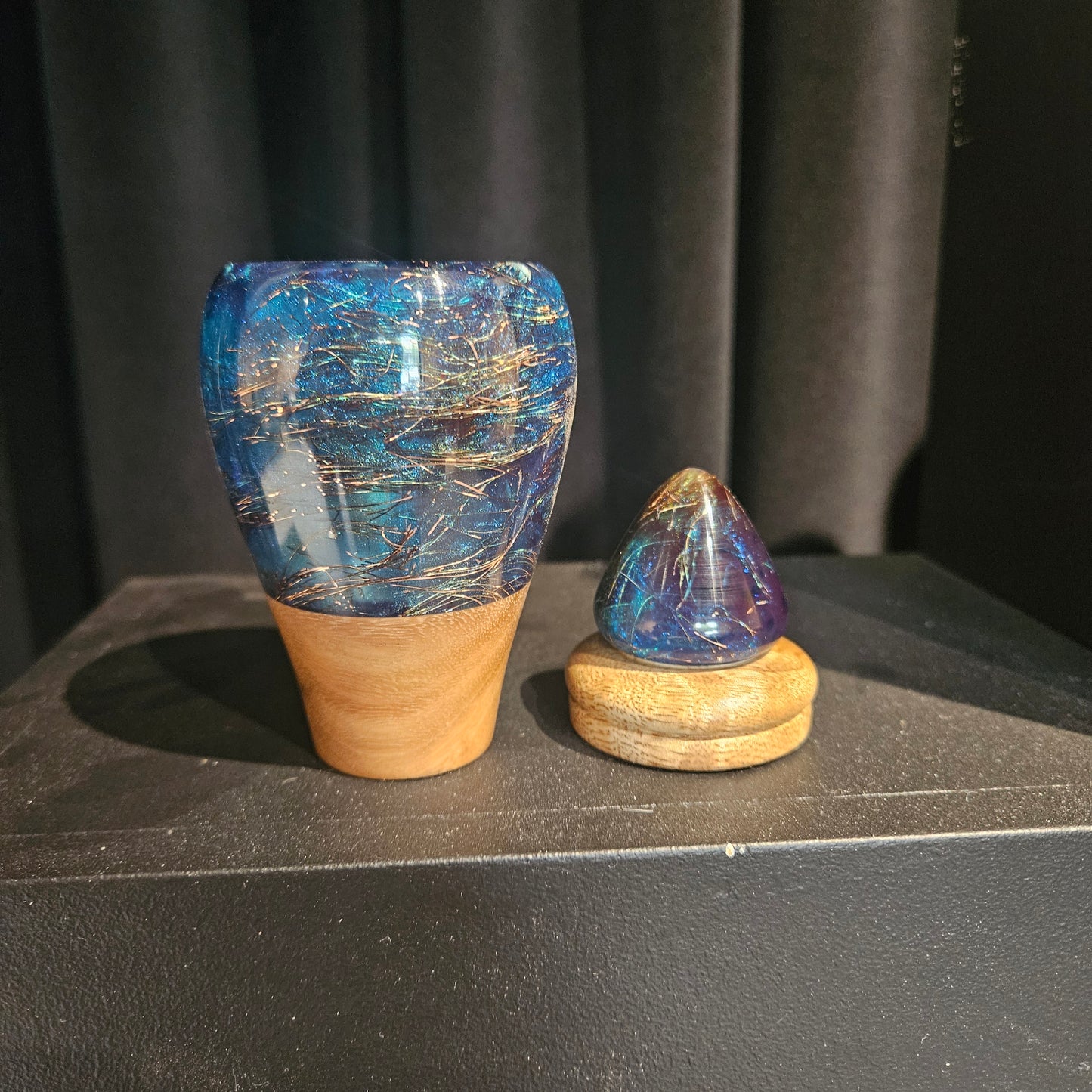 Decorative Vase with Ornate Lid- Blue Resin and Copper Wire