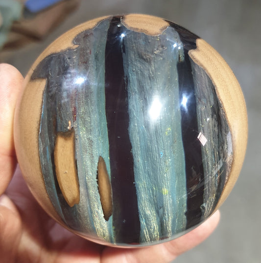 Yellow Box Wood Cats Eye Sphere (including stand)