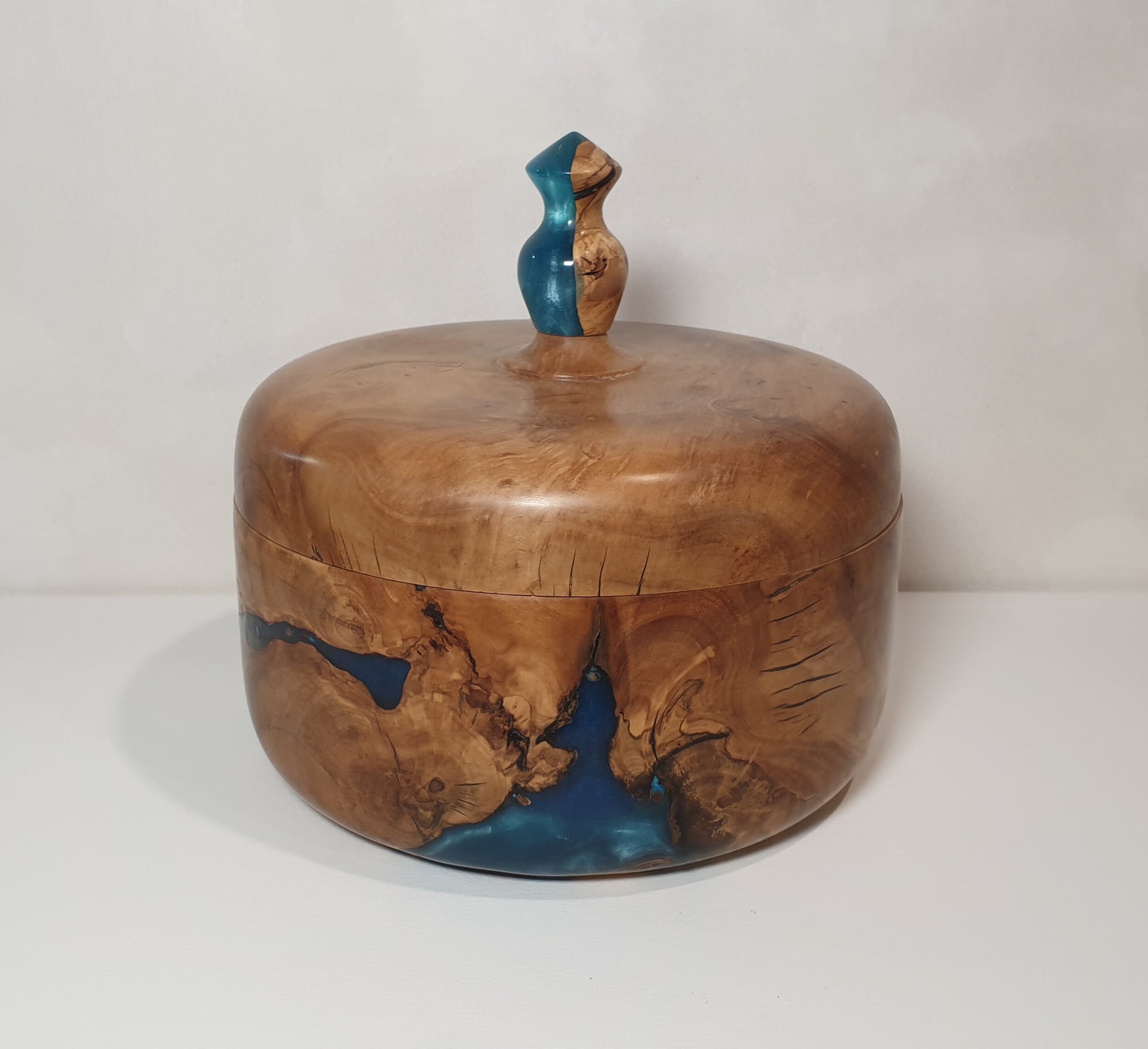 Olive Wood Lidded Box with Blue Resin Finial