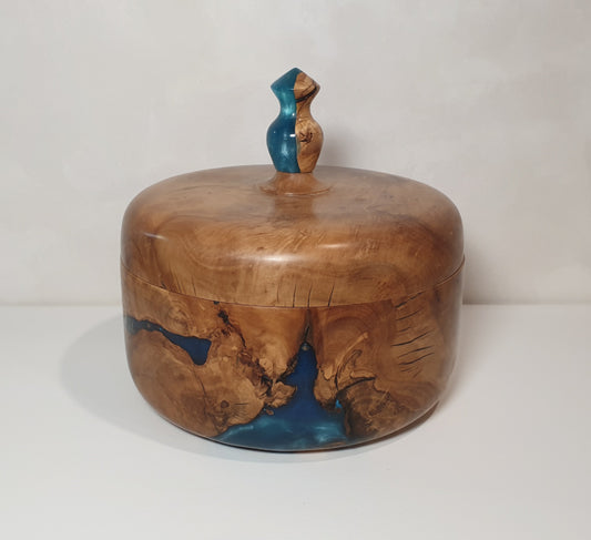 Olive Wood Lidded Box with Blue Resin Finial