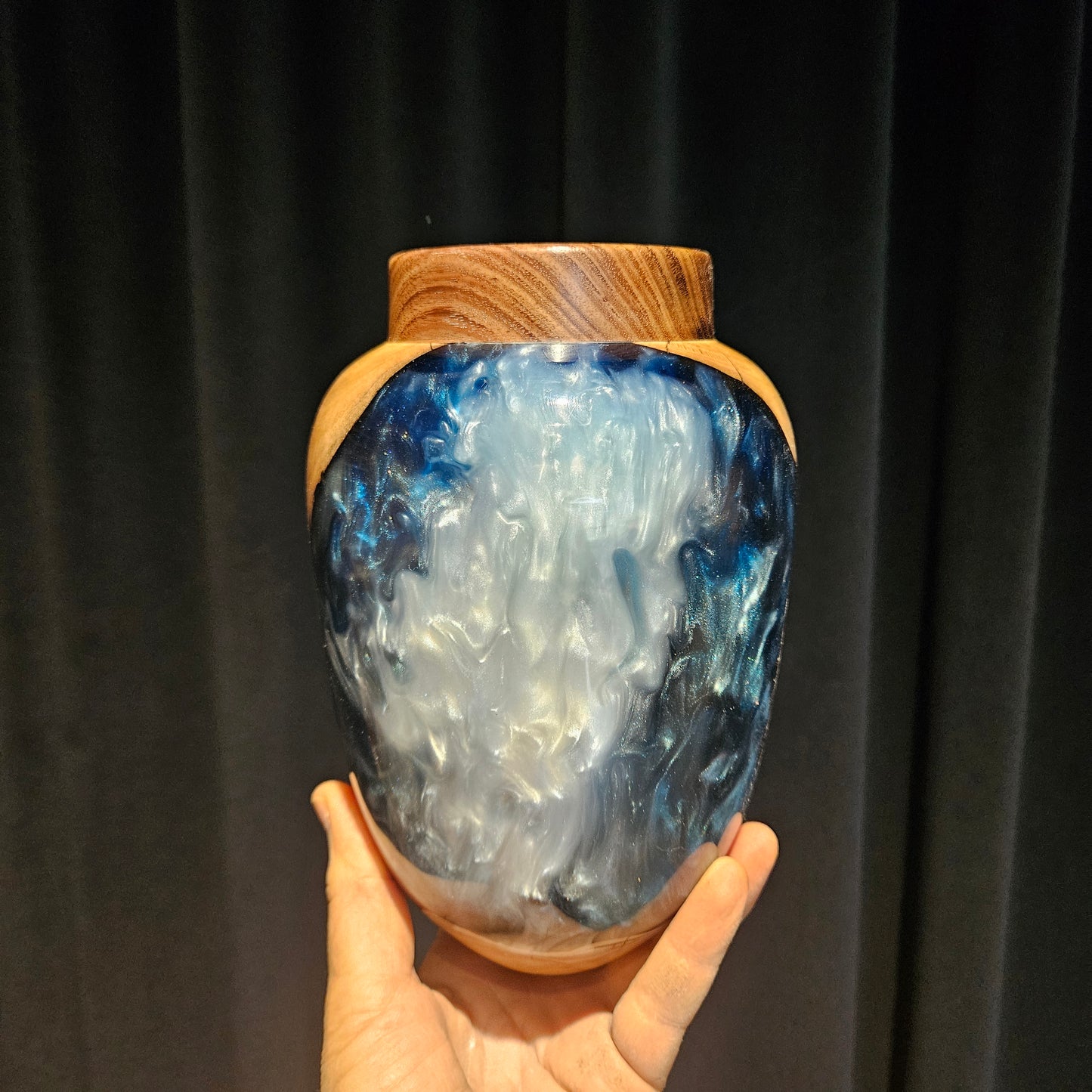 Olive Wood Vase with Blue/White Resin