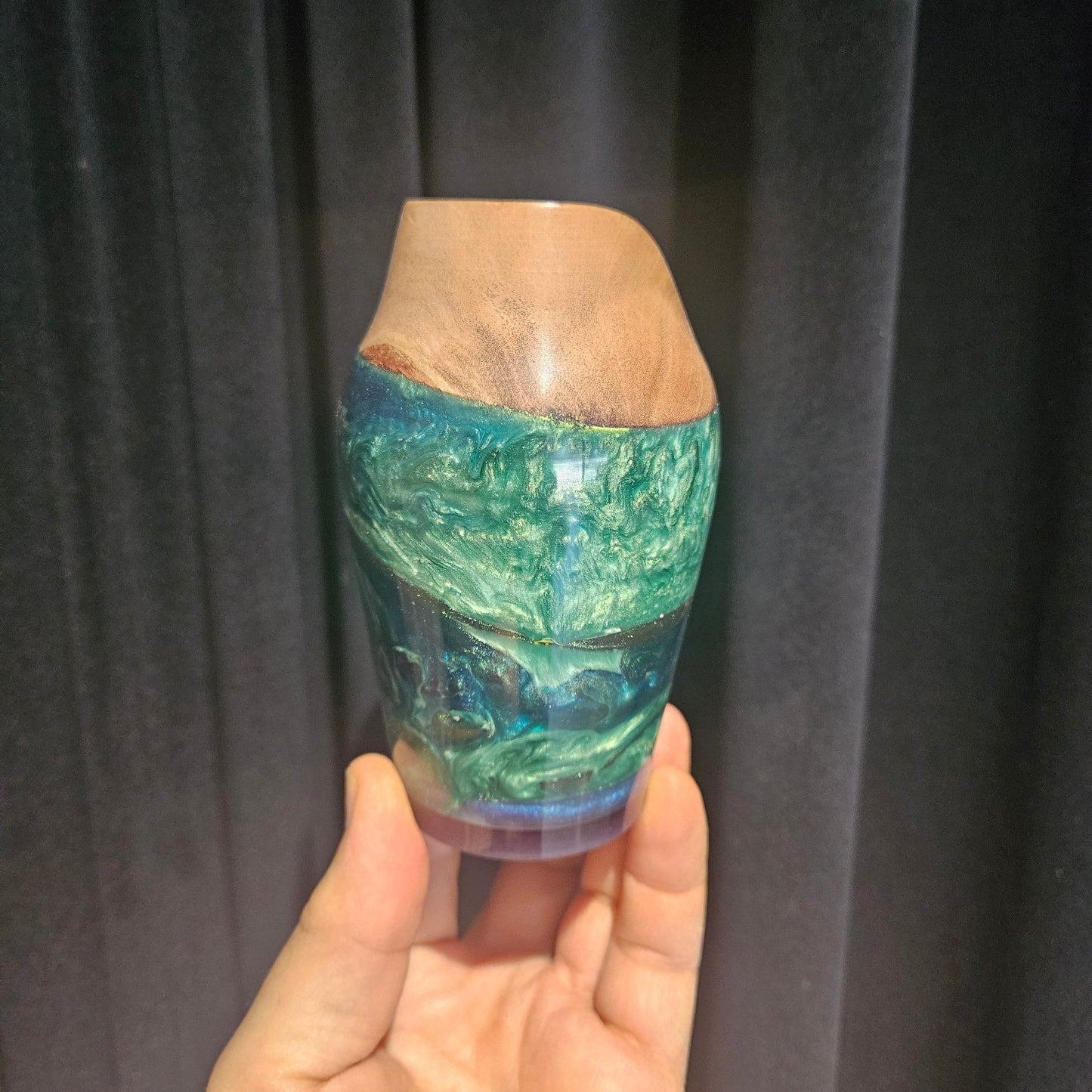 Decorative Vase with carved rim and multicoloured coloured metallic swirl resin.