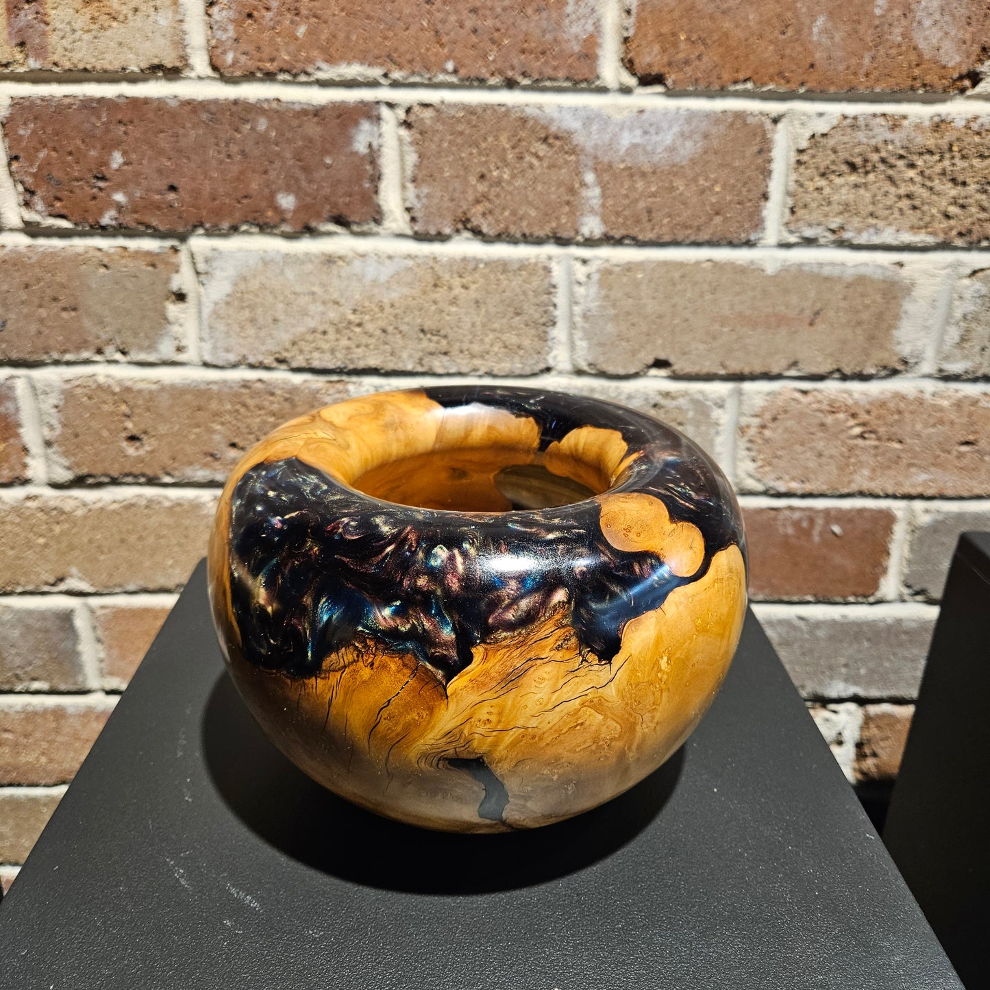 Olive Wood Burl Bowl with multi-coloured metallic resin