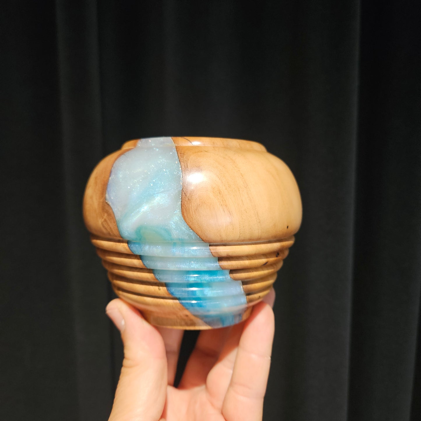 Olive Wood vase with beaded design and pearlescent blue/white resin