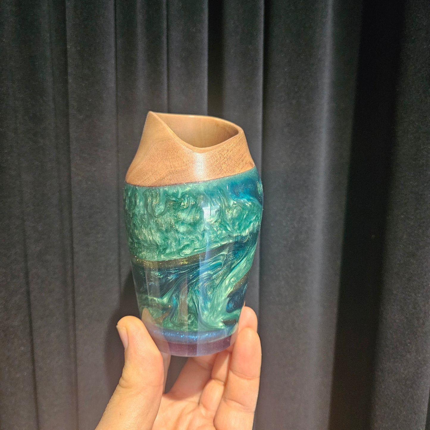 Decorative Vase with carved rim and multicoloured coloured metallic swirl resin.