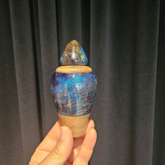 Decorative Vase with Ornate Lid- Blue Resin and Copper Wire