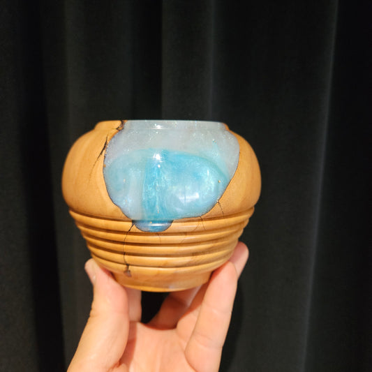 Olive Wood vase with beaded design and pearlescent blue/white resin
