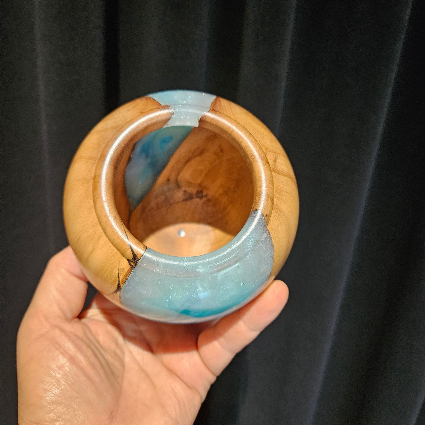 Olive Wood vase with beaded design and pearlescent blue/white resin