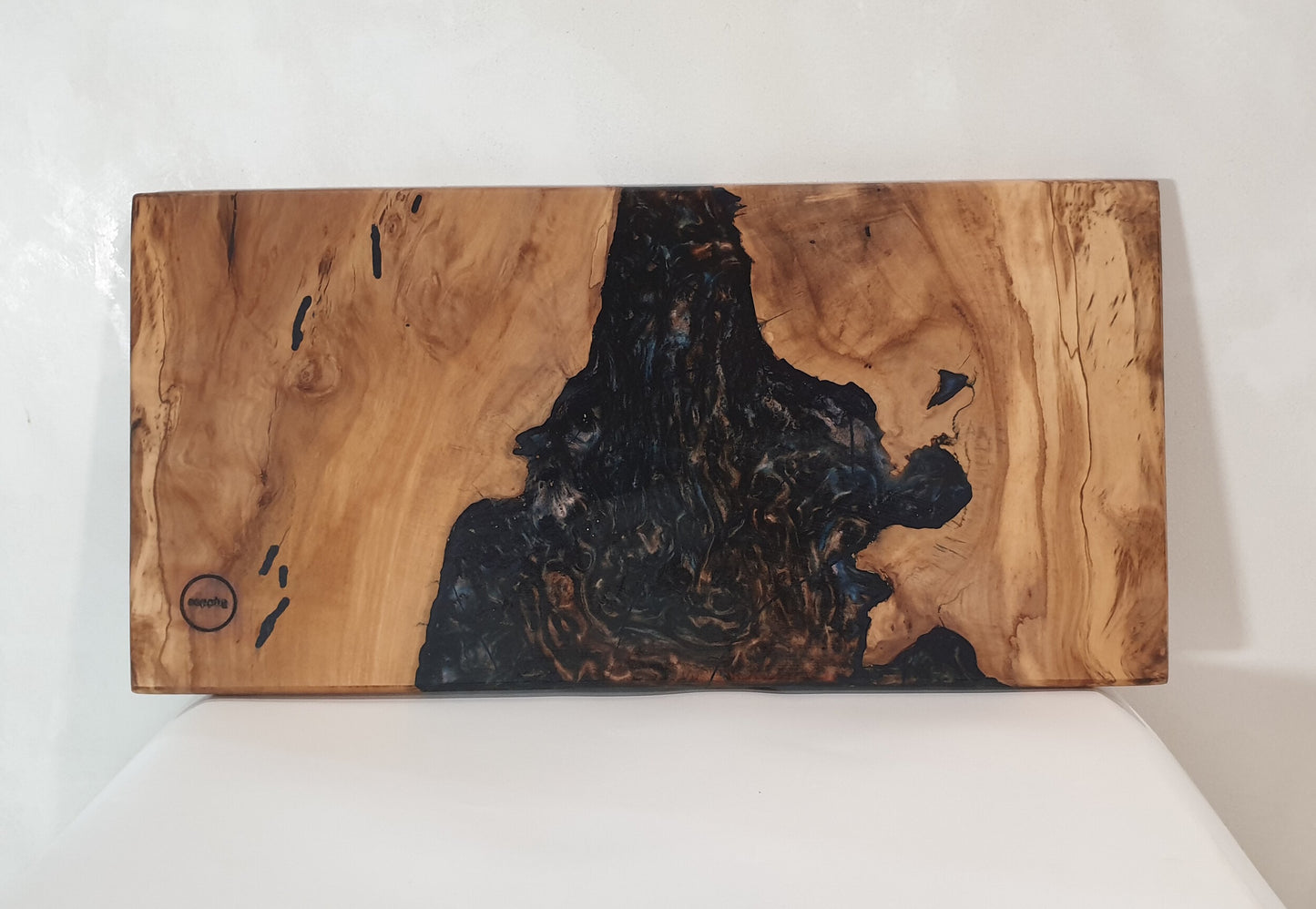 Olive Wood Charcuterie Board with Dark Blue/Copper Resin