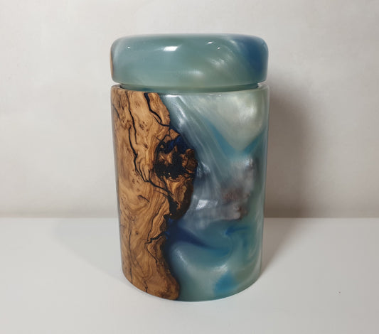 Olive Wood & Blue Resin Canister